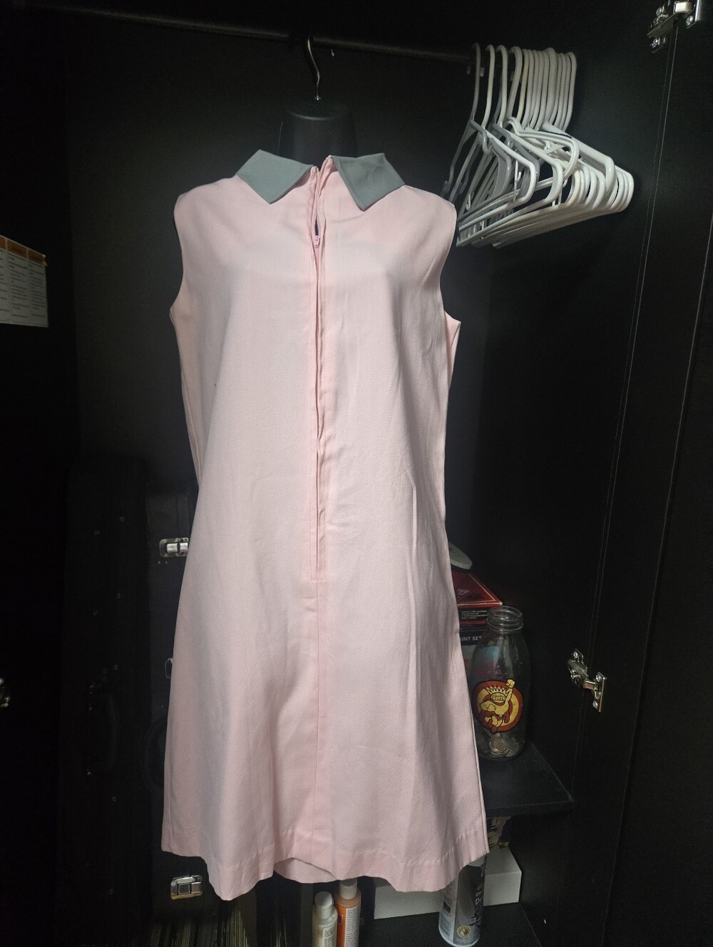 Vintage 60s Van Raalte Pink & Grey Mod Zip Front Shift Dress 12